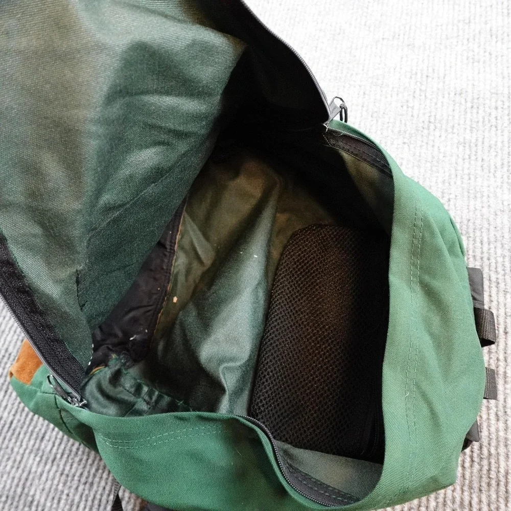 Vintage Eastpak Green Backpack Brown Suede Bottom Made USA Soft Case